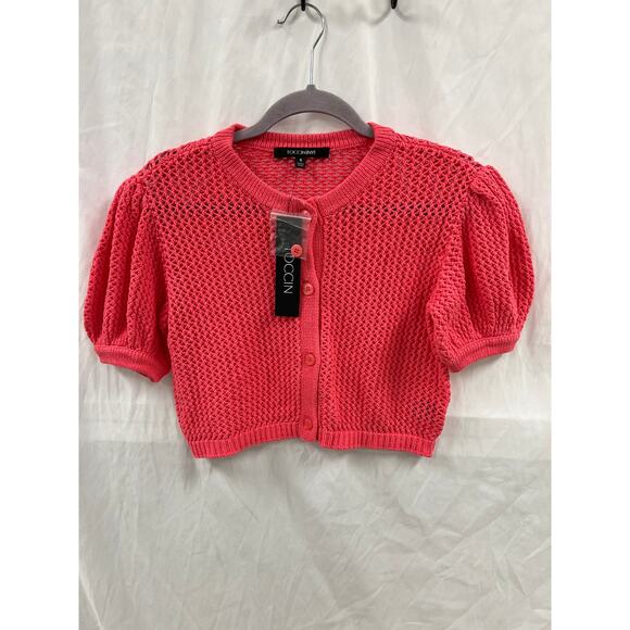 NWT Toccin Eloise Crochet Cropped Cardigan Hot Pink size S - Picture 1 of 4